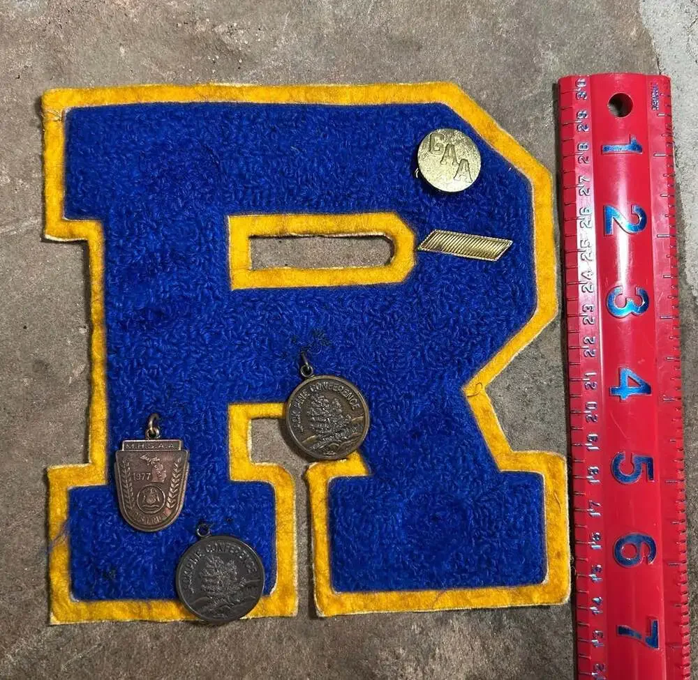 Vintage Blue And Yellow R Chenille Varsity Letter with sports pins 1980